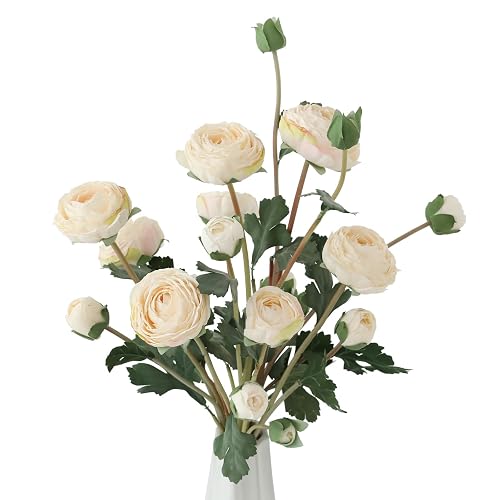 6Pcs Realistic Silk White Ranunculus Artificial Flowers Long Stems, 23.6"