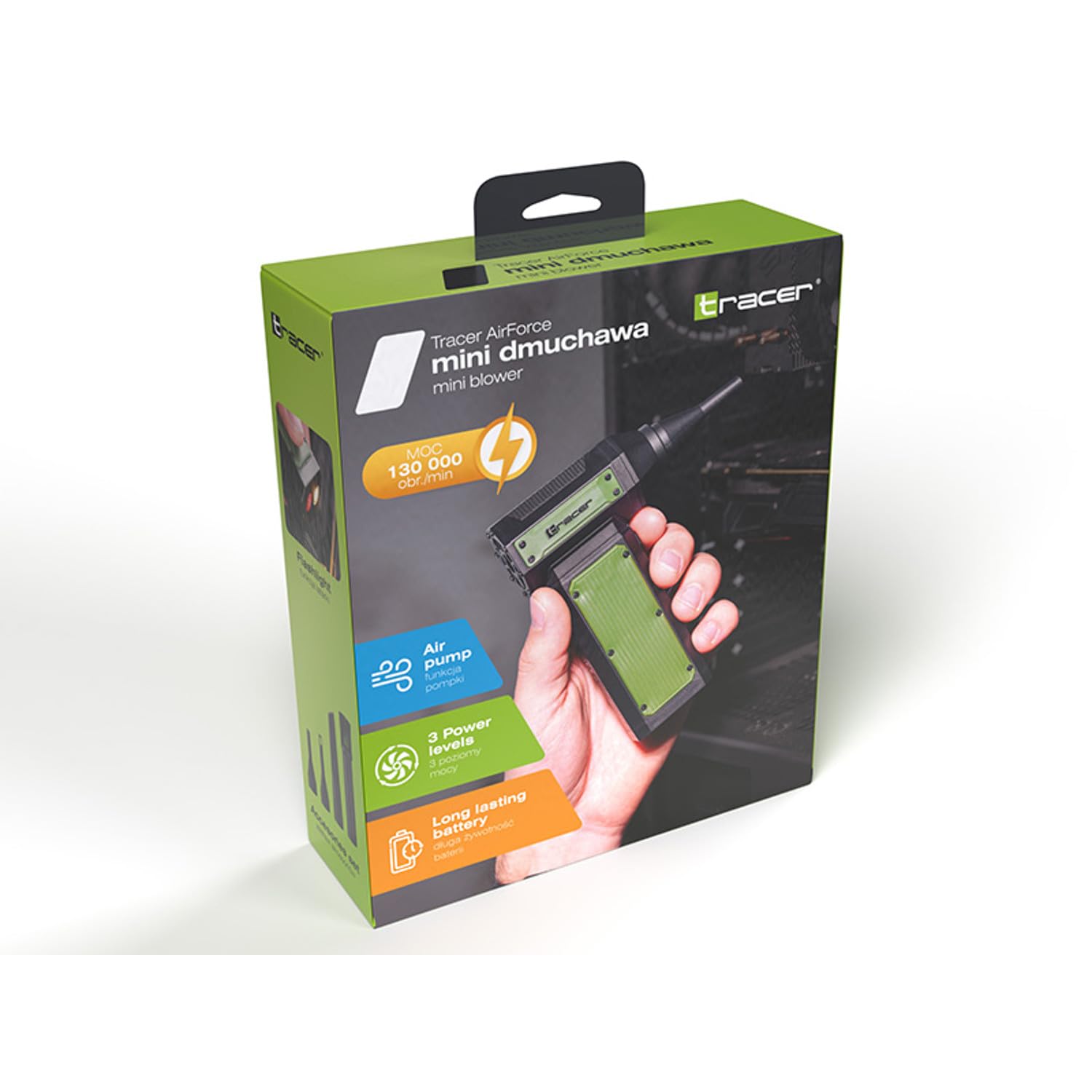 Mini soplador multifunción Tracer AirForce motor sin escobillas 130.000 rpm 3 modos de funcionamiento batería 3000mAh 90min 4 puntas de limpieza linterna LED dispositivo de limpieza compacto
