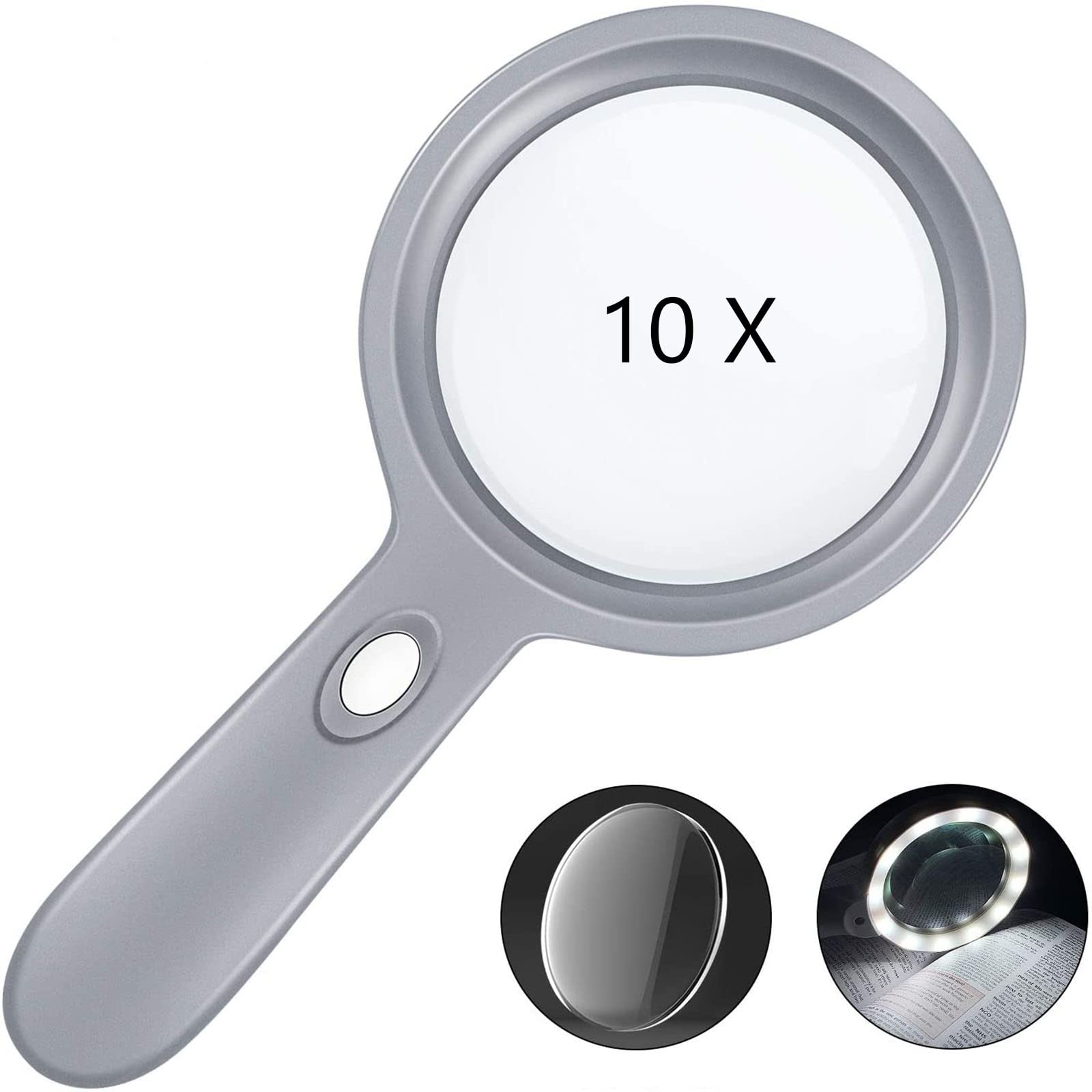 Lighted Magnifying Glass-10X Hand held Large Reading Magnifying Glasses with 12 LED Illuminated Light for Seniors, Macular Degeneration, Inspection,Coins, Stamps