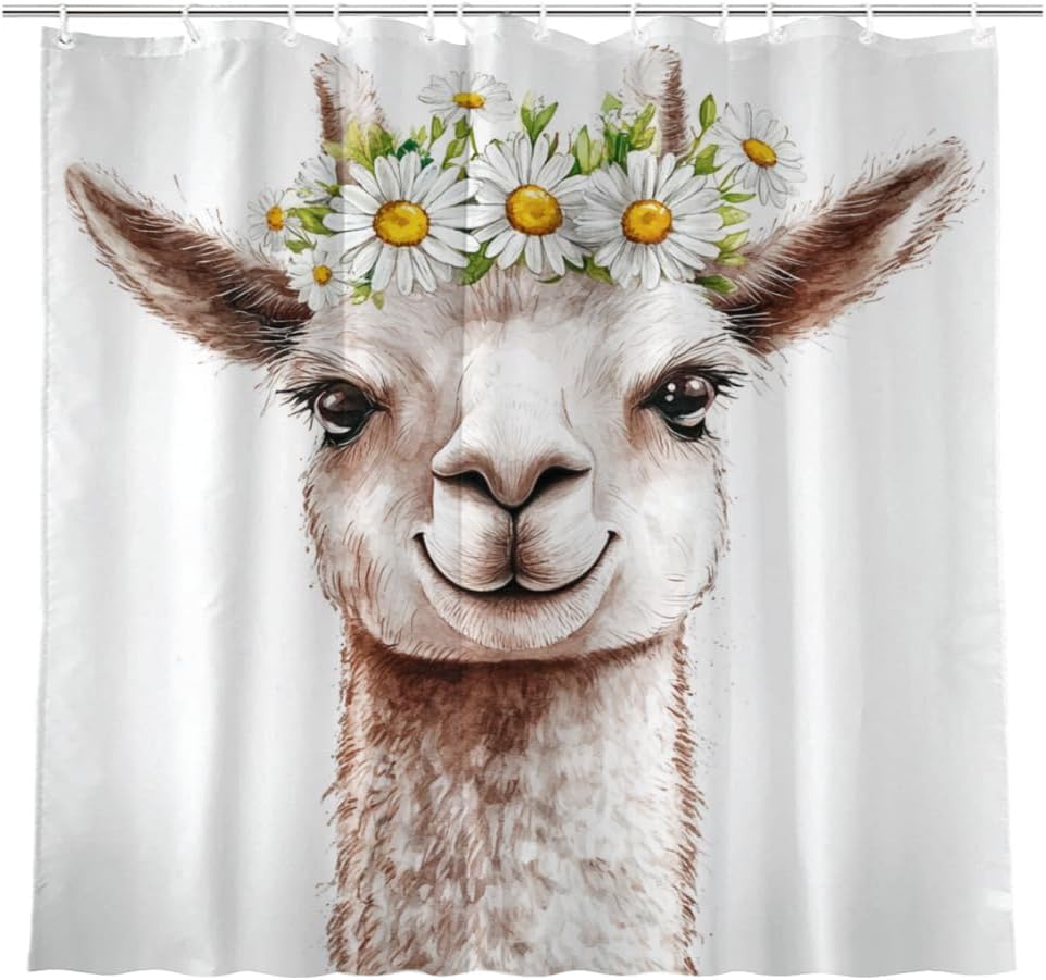 NGZ White Daisy Floral Shower Curtain Goat Shower Curtain Farmhouse Flower Spring Rustic Blossom Fabric Bathroom Decor Set with Hooks（72Wx72 H）