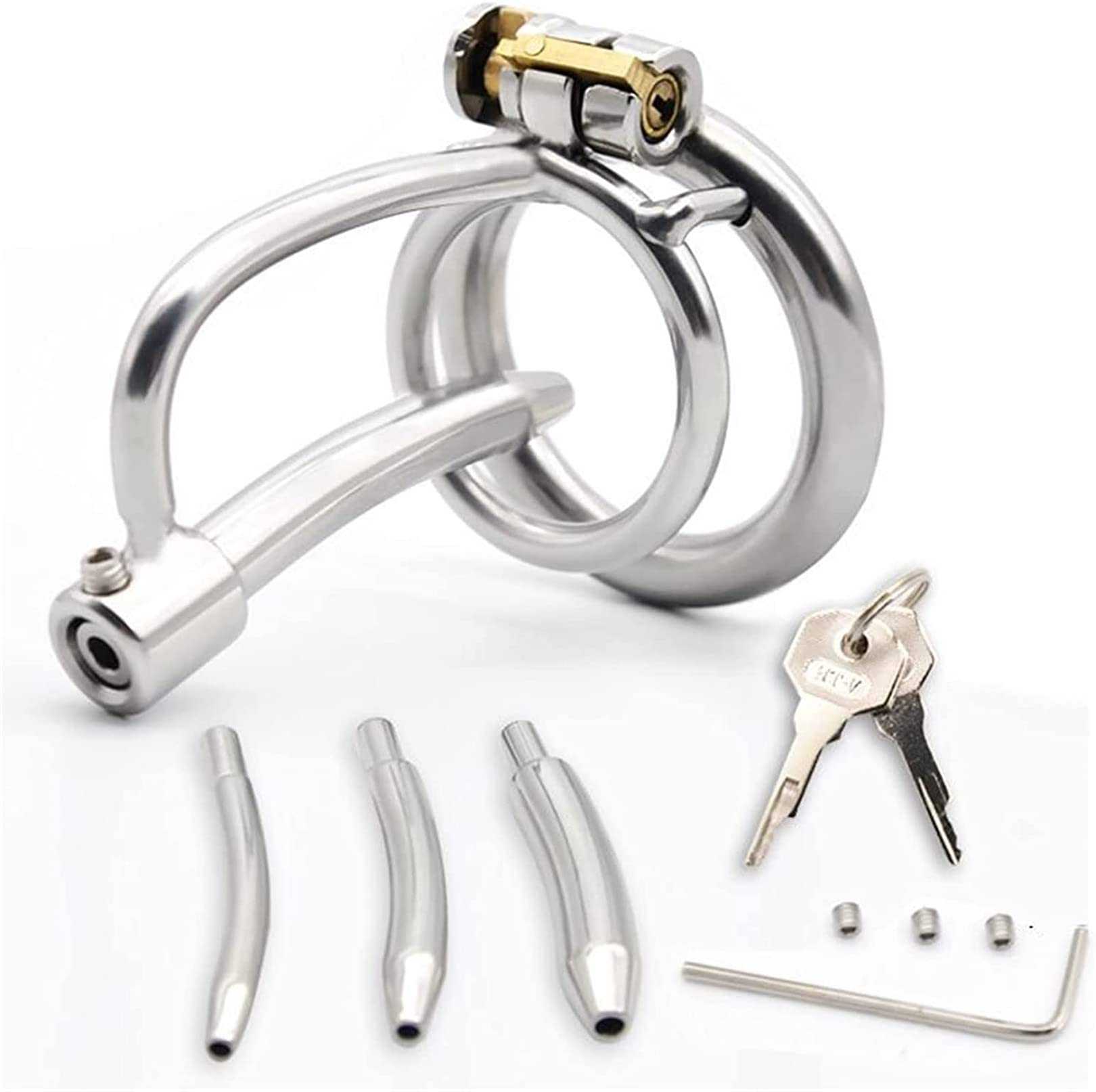 HeYie 304 Stainless Steel Male Cock Rings Penis Chastity Cage Lock with Metal Hollow Urethral Dilator Chastity Cage BDSM Bondage Chastity Device Sex Rings Penis for Men (Color : 40mm, Size : 8mm)