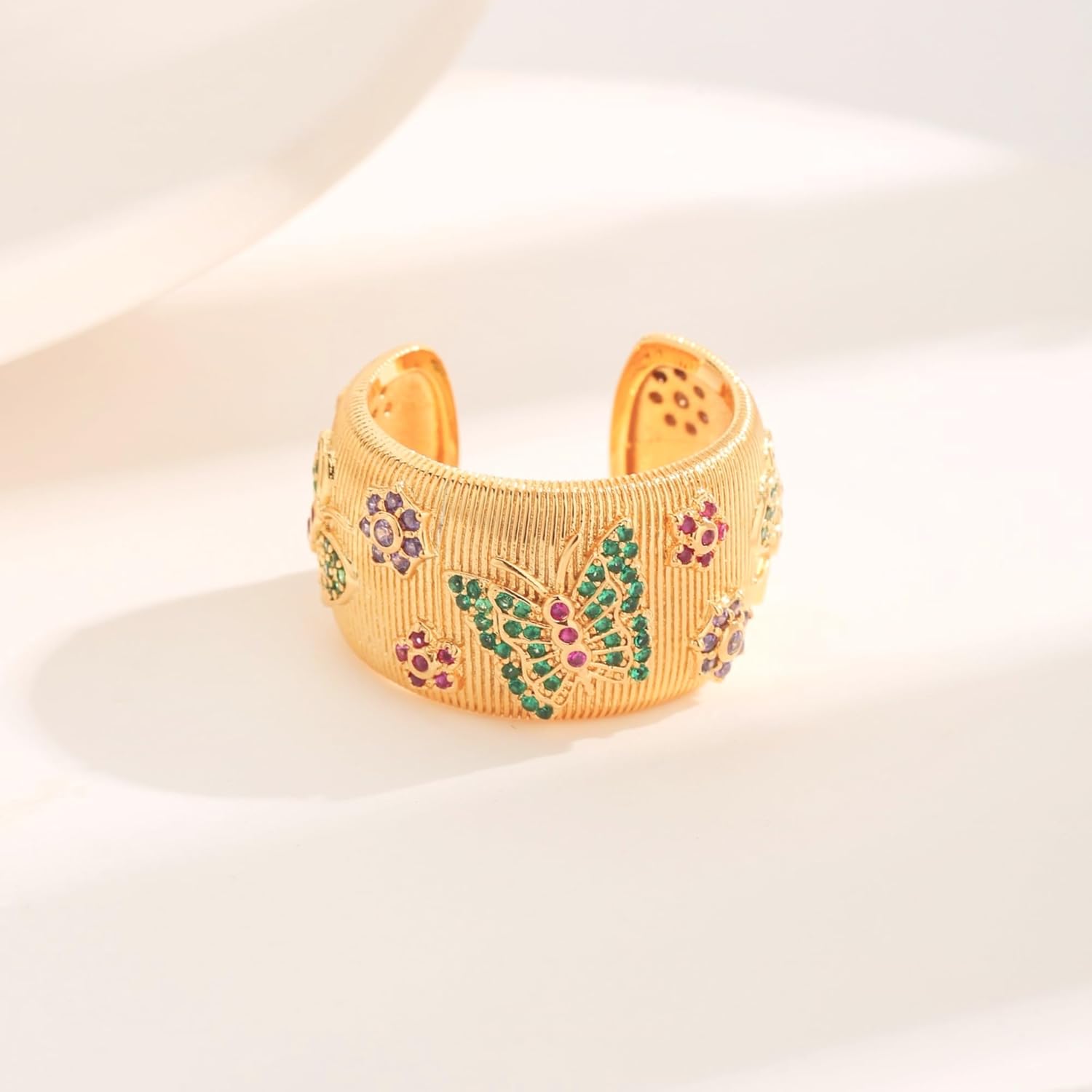 Chunky Gold Rings for Women – Adjustable Open Butterfly Ring with Flower Design, Wide Band Fashion Rings with Colorful Accents - Image 6