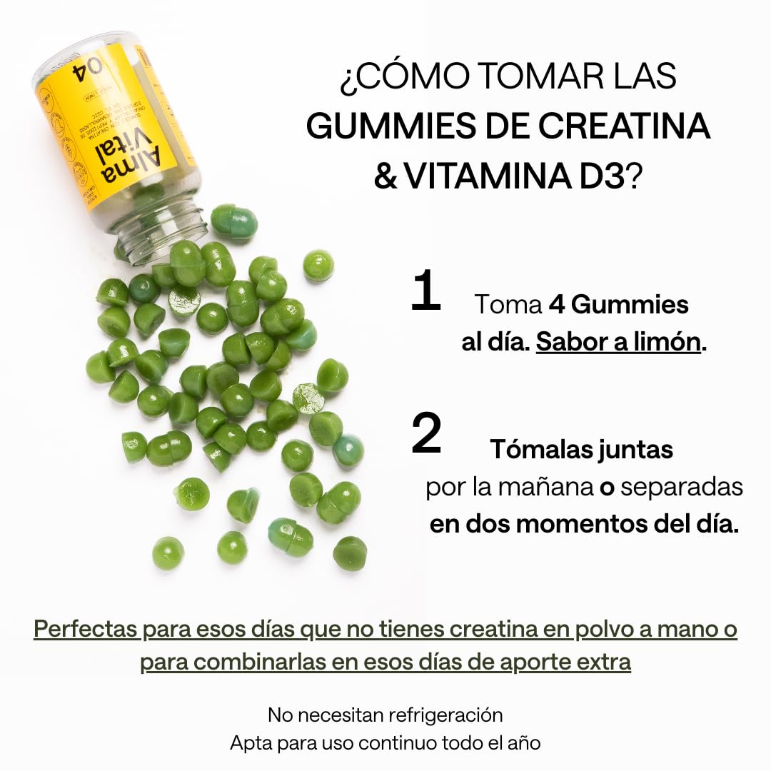 Creatina Monohidratada Creavitalis® ALMA® 300 g y 120 Gominolas de Creatina Creavitalis, Vitamina D3 y Espirulina Hidrolizada sabor limón | Versión Premium Creapure® Monohidrato en Polvo 99,9% Pureza