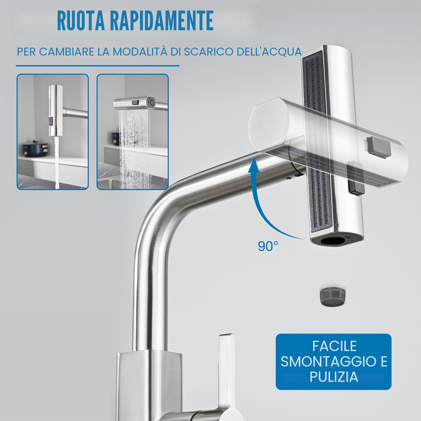 Rubinetto Cucina Estraibilecon 3 Modalità Getto, DETBOM Rubinetto Lavello Cucina Acqua Fredda e Calda, Rotazione di 360° Miscelatore Cucina, Acciaio Inox, con Aeratore Rimovibile, Finitura Spazzolata