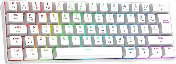 Gravion Kyra MK61 RGB Mekanik Gaming Oyuncu Klavyesi,%60 Kompakt, Bluetooth & 2.4G Kablosuz + Kablolu, Huano Red Switch, Türkçe Q,Beyaz