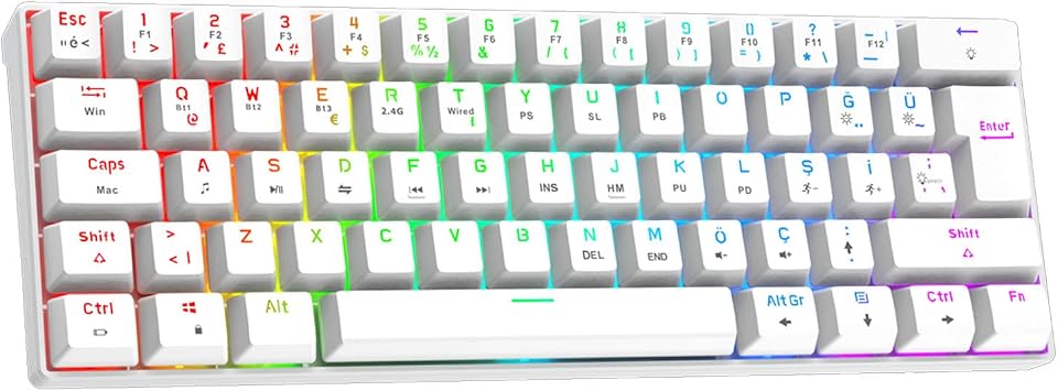 Gravion Kyra MK61 RGB Mekanik Gaming Oyuncu Klavyesi,%60 Kompakt, Bluetooth & 2.4G Kablosuz + Kablolu, Huano Red Switch, Türkçe Q,Beyaz