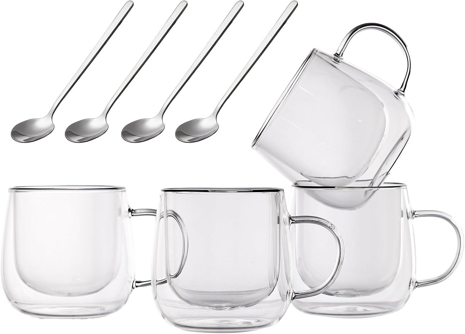 Double Wall Insulated Latte Glasses 10oz with Handle - Set of 4, Clear Glass Mugs for Cappuccino, Espresso, Tea & Hot Drinks