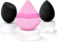 Trio de Esponjas Maquiagem. Blender Pretas Chanfradas, Formato Gota, Macias e Compactadas, de Poliuretano Hidrofílico Alta Densidade, sem Látex, Cresce Molhada + 1 Rosa em Veludo de Algodão, para Acabamento (Powder Puff).