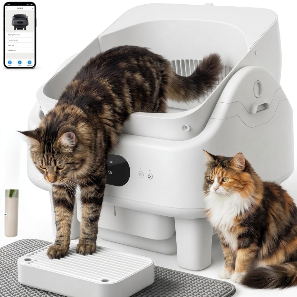 Open Top Self Cleaning Litter Box, Automatic Cat Litter Box for Multiple Large Cats with APP Control, 10 Safety Sensors, 6" LED Display, Quiet Odor Control, Tra