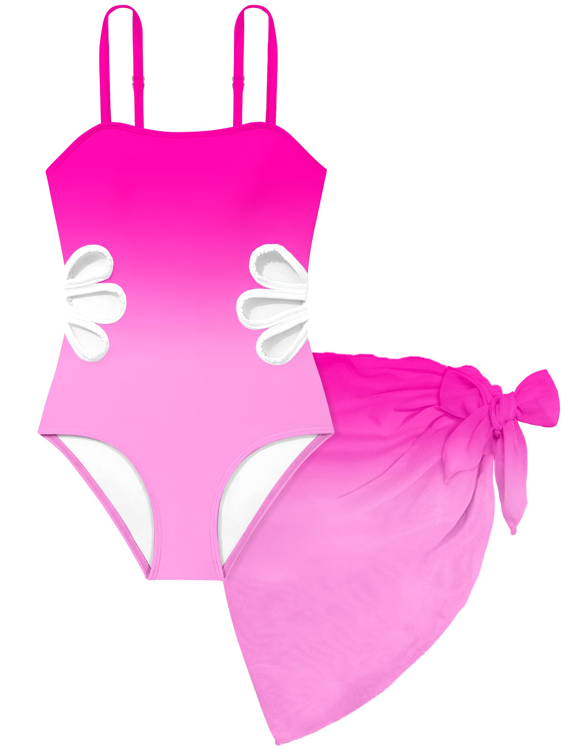 Girls Swimsuit Adjustable Straps Cut Out One Piece Bathing Suit with Solid Color Cover Up Skirt Girls' Swimwear 5-16Y