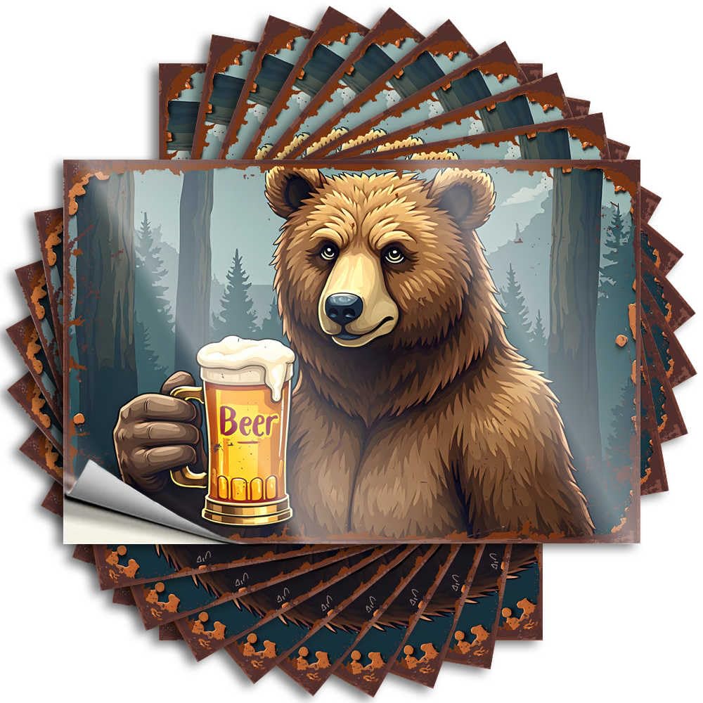 Grizzly Bear Enjoying A Frosty Mug of Beer in The Wilderness Saying Bathroom Stuff Self Adhesive | Plastic Bumper Vinyl Sticker Pack for Items(6X9CM)