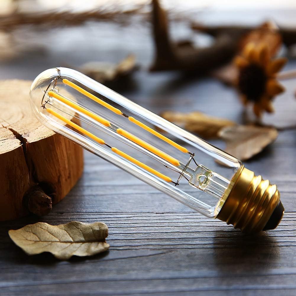 Dimmable T10 Edison Led Tubular Bulb 4000k Daylight White,6W Vintage Led Filament Bulb 60W Equivalent, E26 Base Lamp Bulb for Display Cabinet Showcase Piano,6Pack
