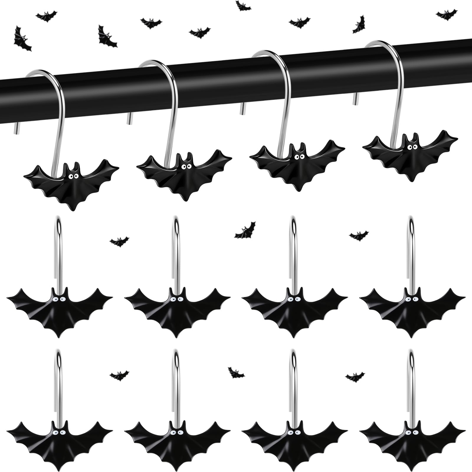 Pinkunn 12 Pcs Halloween Shower Curtain Hooks, Decorative Bat Shower Curtain Rings, Resin Metal Bathroom Hooks for Halloween Bathroom Decor