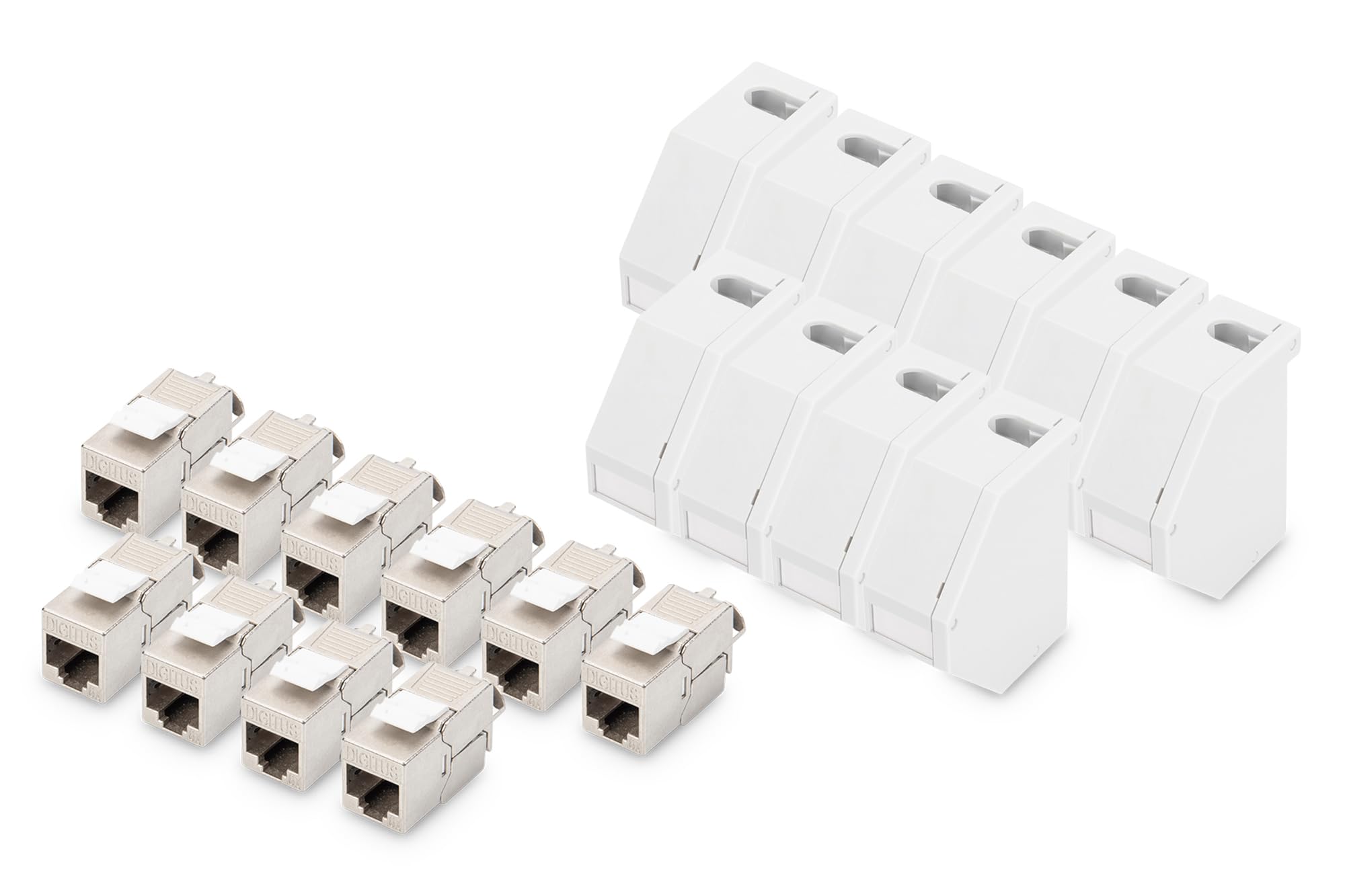 DIGITUS Set: Adaptador para carril DIN - 10 piezas - Con módulo Keystone 10x Cat6A - Acodado 45° - Campo de rotulación - Con muelle de puesta a tierra - Gris