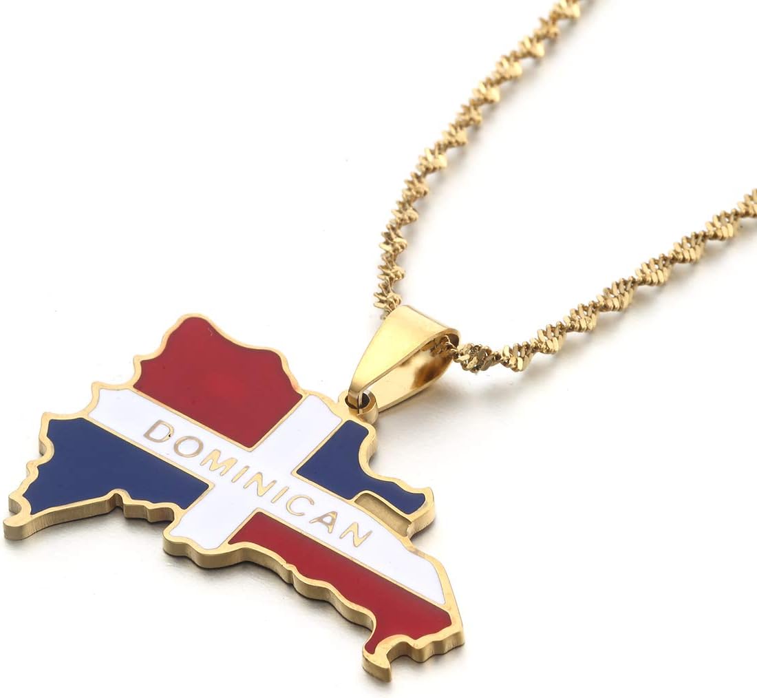 Stainless Steel Heart The Dominican Republic Map Pendant Necklace Jewelry Map of Dominican (Gold 1)