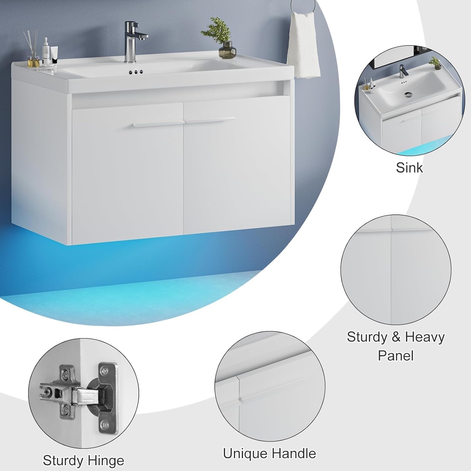 4ever2buy 31" Floating Bathroom Vanity with Sink, Modern White Bathroom Vanity with LED Light, Wall Mounted Sink Cabinet with 2 Doors, White