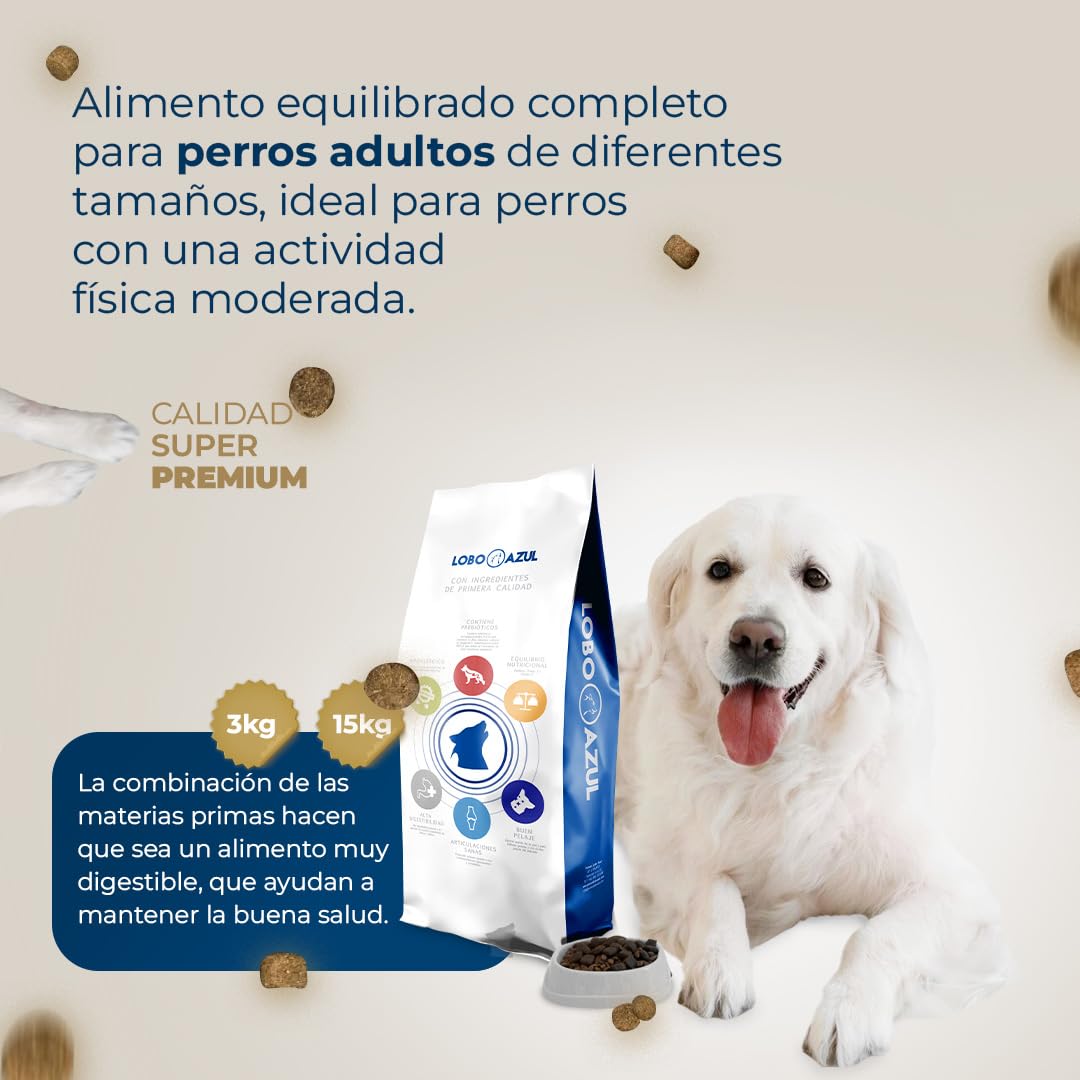 Pienso Natural para Perros Adultos - Comida Completa y Equilibrada con Cordero, Pato y Atún - 15kg Lobo Azul Adult Diario
