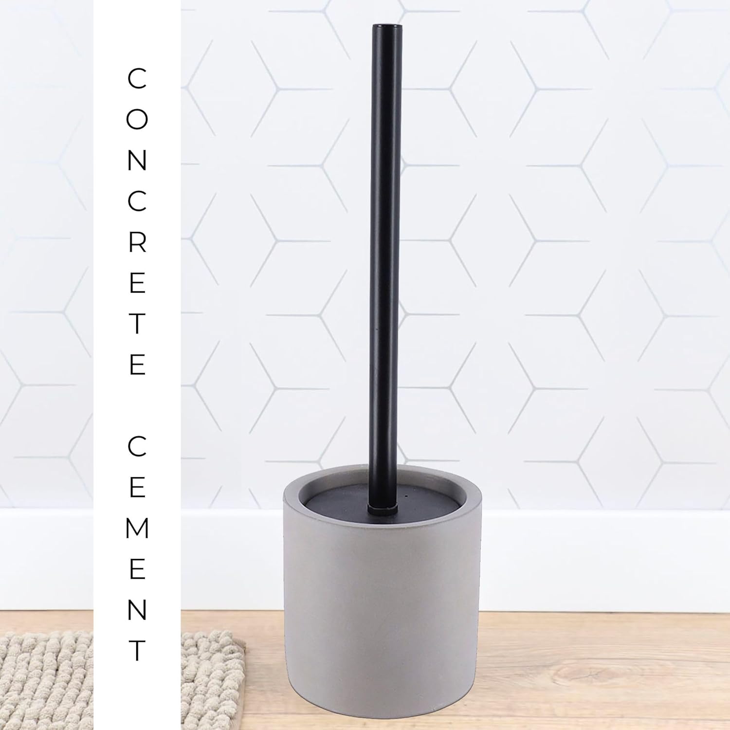 Concrete Cement Toilet Bowl Brush with Holder, Durable Bathroom Accessory Set for Deep Cleaning, Splash Guard, Replaceable Brush Head and Black Metallic Handle, Gray