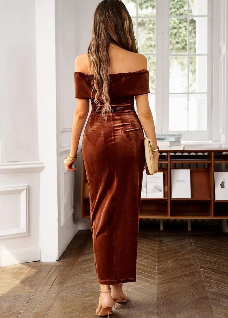Off The Shoulder Vintage Velvet Bodycon Midi Dress for Women Wrap Slit Elegant Cocktail Party Evening Pencil Dress - Image 3