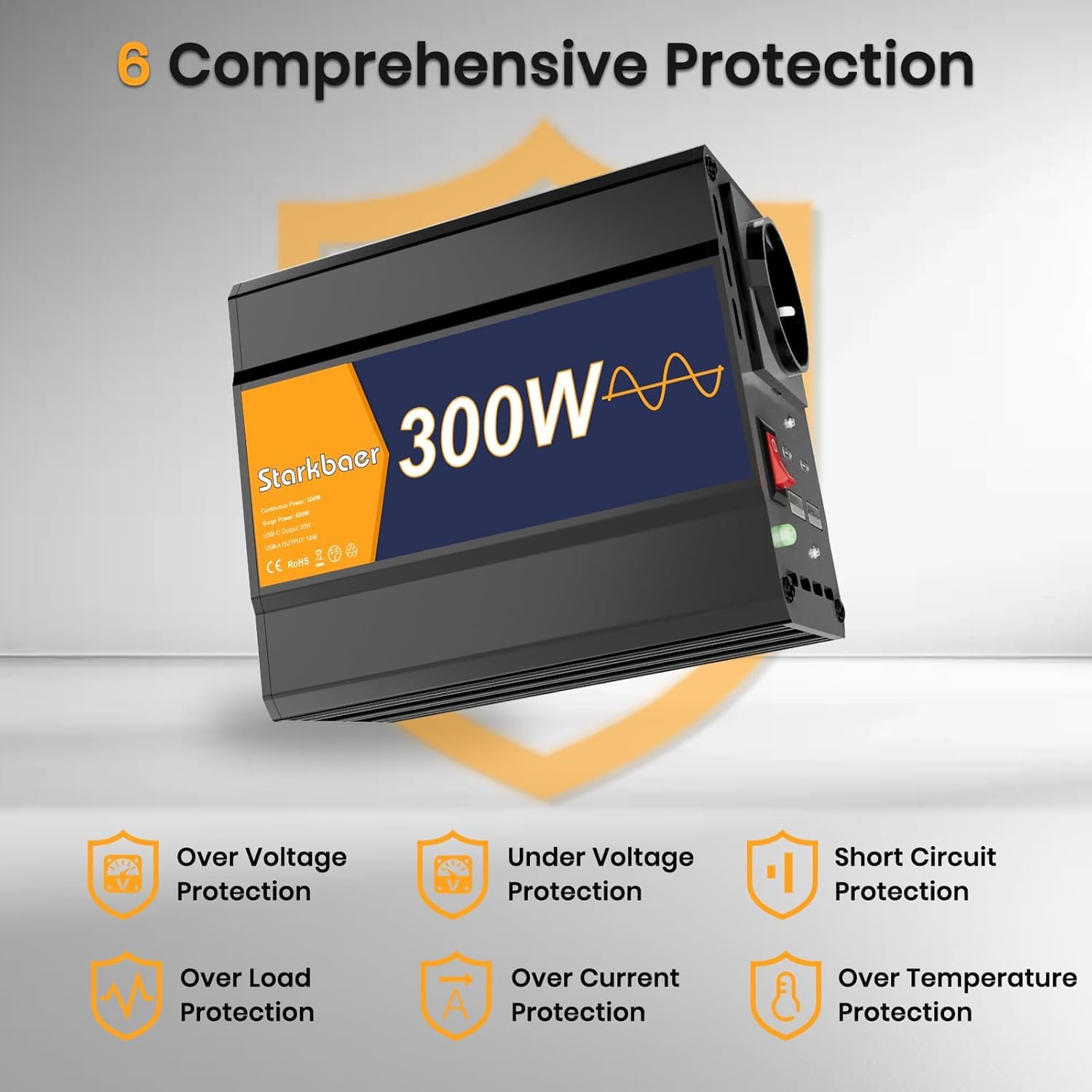 Convertisseur Voiture 12V 230V Pure Sinus 300W Onduleur Allume-Cigare USB | Onduleur avec Prise Allume-Cigare, 4 Ports USB & Boîtier en Aluminium. Idéal pour Recharge de Téléphone & Voyages en Auto