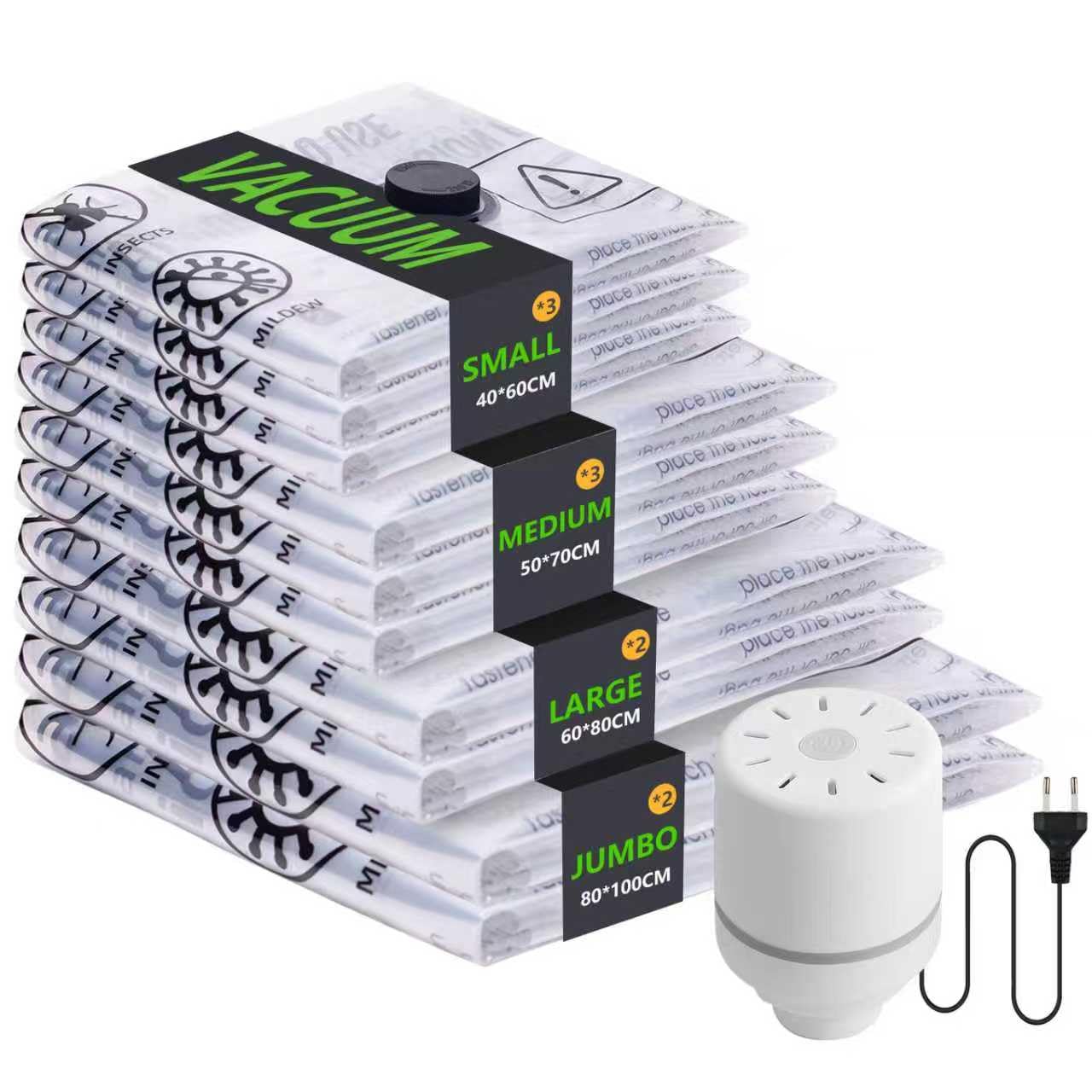 Vakuumbeutel für Kleidung mit Elektropumpe, 10 Stück Vacuum Bags (2x 100x80cm, 2x 80x60cm, 3x 70x50cm, 3x 60x40cm), Wiederverwendbare Vakuumierbeutel Kleidung für Reisen Tägliche Aufbewahrung