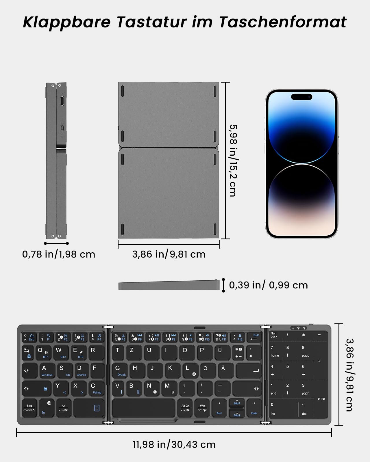 MoKo Tastiera Bluetooth Pieghevole, Tastiera Tedesca Portatile, QWERTY | Pieghevole con Touchpad e Pad Numerico, Tastiera Ricaricabile Multi Dispositivo per Windows, iOS, Android Tablet/Phone