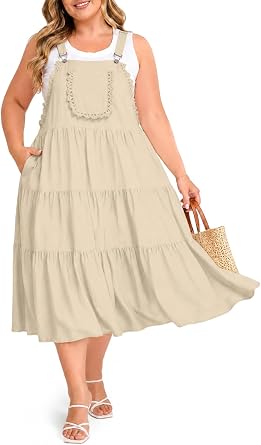 Moon Wood Plus Size Overall Dress for Women Casual Bib Jumper Dress Summer Maxi Dress with Pockets Adjustable Straps