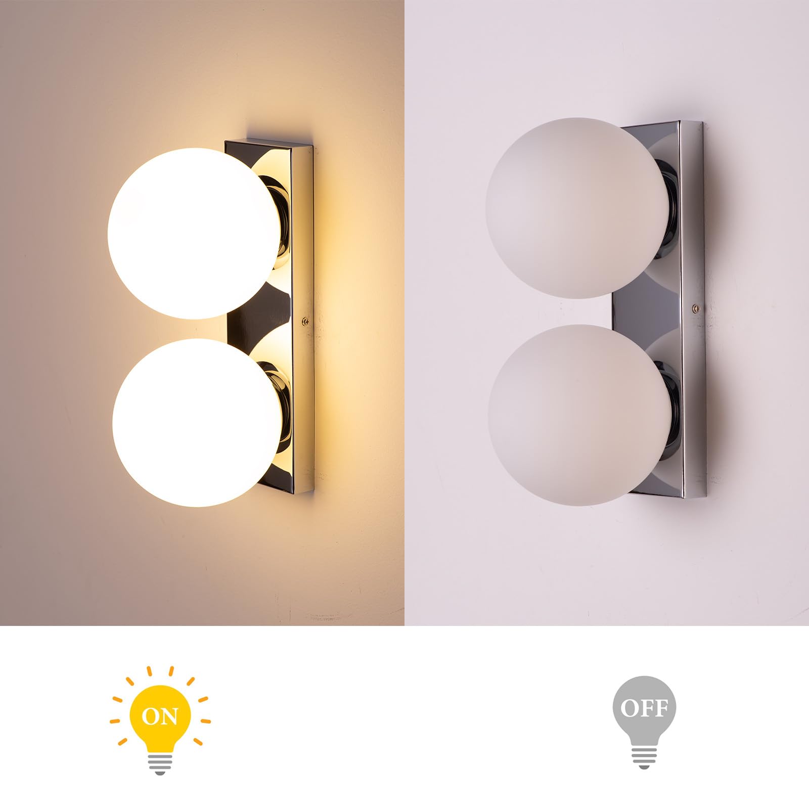 Alpinaluz Applique da parete con 2 sfere in vetro opaco Ø150 mm - Base rettangolare in metallo cromato - Stile moderno decorativo - Boccole E27 - Doppia luce per interni