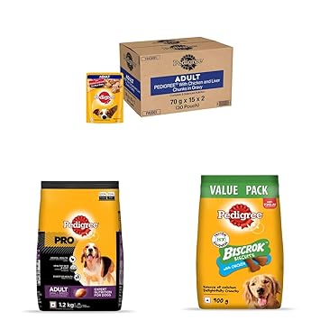 Pedigree Wet Dog Food, Chicken & Liver Chunks in Gravy Flavour, Pack of 30 & PRO Expert Nutrition Dry Food for Small Breed Adult Dogs, 1.2kg & Biscrok Biscuit Treats for Dogs, Chicken Flavour, 900g