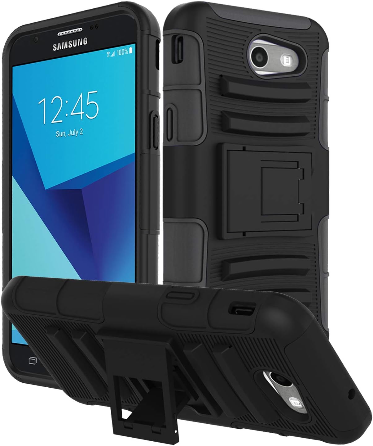 For Samsung Galaxy J3 Emerge Case, J3 Prime / J3 Mission / J3 Eclipse / J3 2017 / J3 Luna Pro / Sol 2 / Amp Prime 2 / Express Prime 2 Case, OEAGO Tough Rugged Dual Layer Case with Kickstand (Black)
