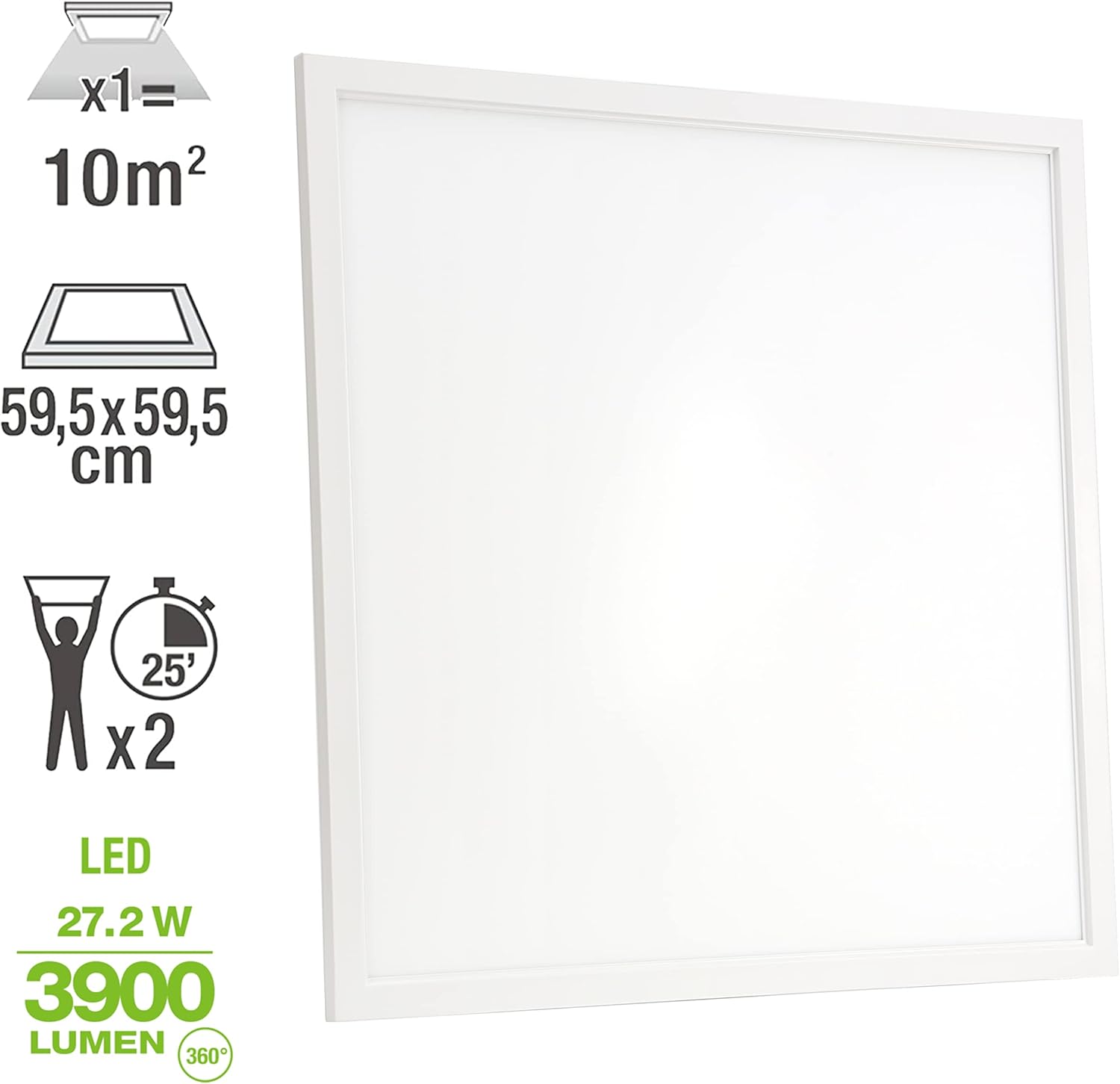 Diagram summarizing key specifications: 10 square meters coverage, 59.5x59.5 cm dimensions, 25 minutes installation time for 2 people, LED 27.2W, 3900 Lumens