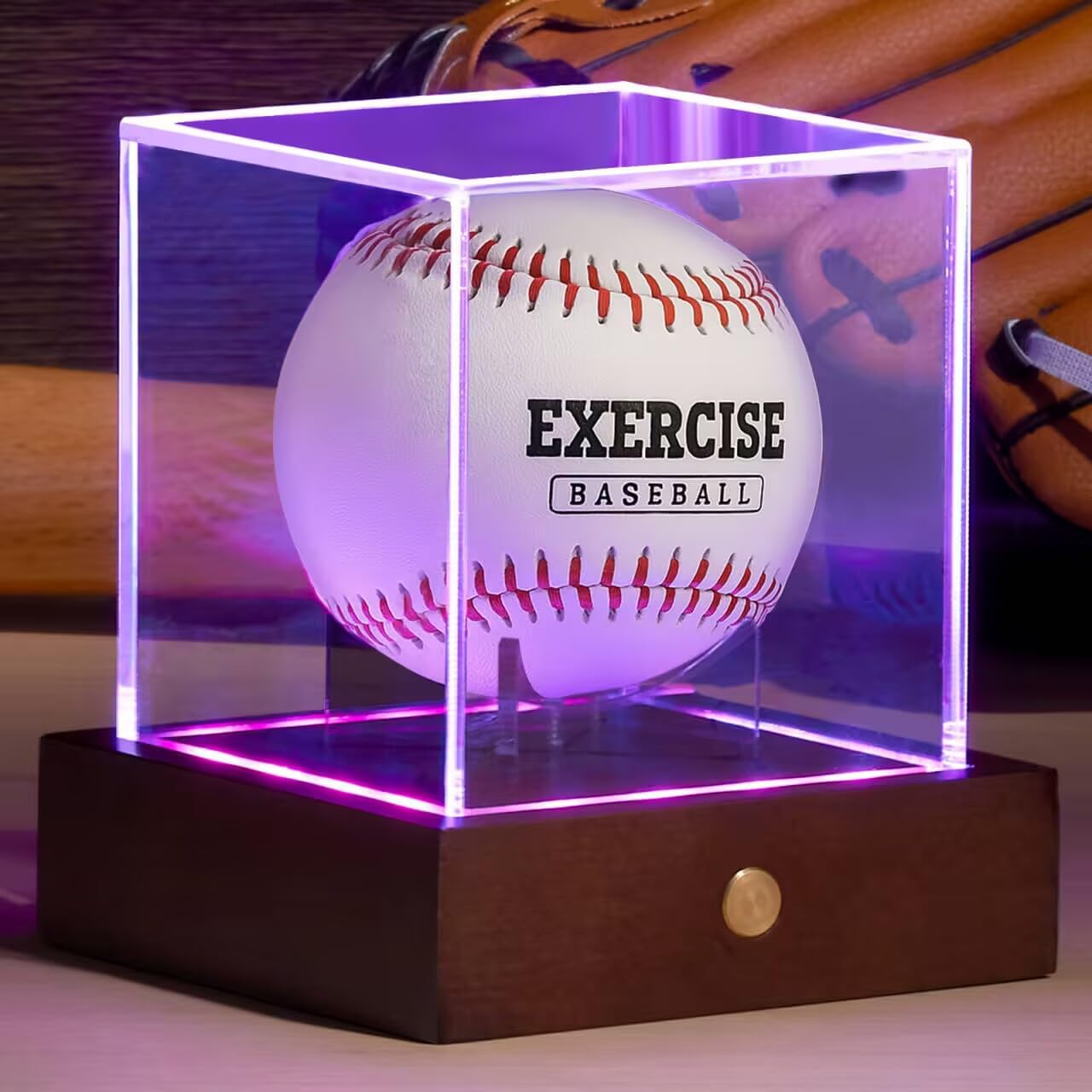HouseJoy Baseball Display Case with Light, 10 Color LED Baseball Display Stand Wood,UV Protected Clear Cube for Memorabilia Baseball Gifts