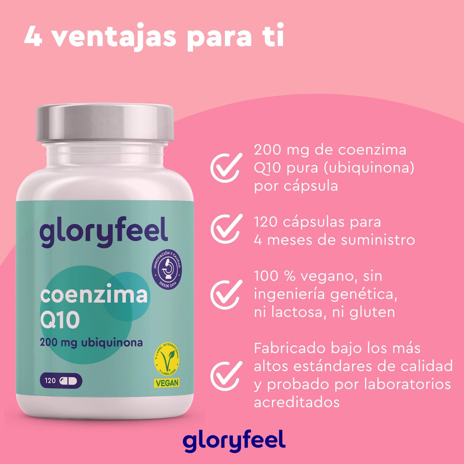 Coenzima Q10 200mg - 120 Cápsulas veganas (4 meses) - 100% Pura Fermentada Naturalmente, CoQ10 de primera calidad - Para 4 meses, Probada en laboratorio