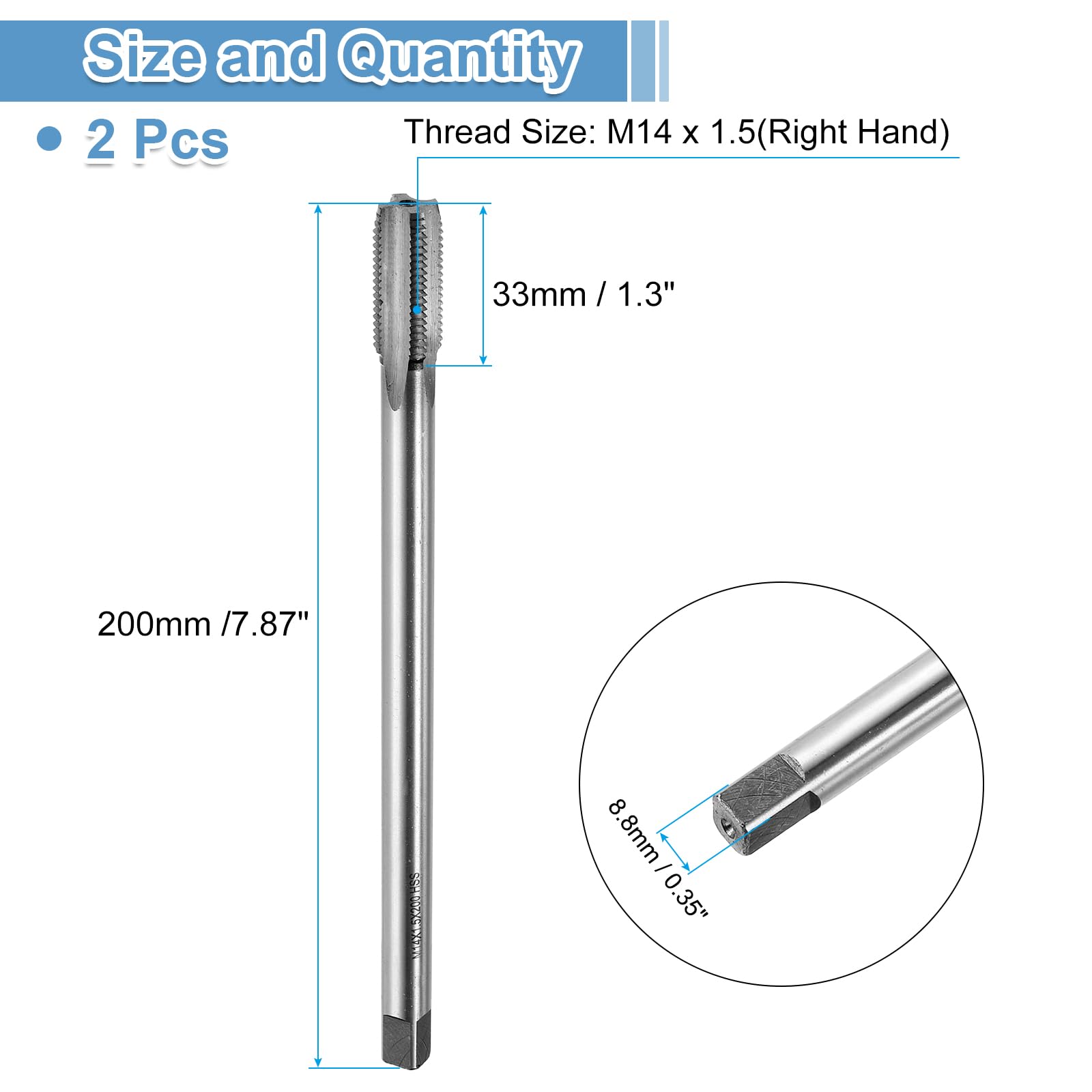 QUARKZMAN 2pcs Tarauds Droits, M14 x 1.5 H2 200mm Extra Long Tarauds Métriques Pour Machine À Vis, Acier Rapide 6542 (HSS 6542)