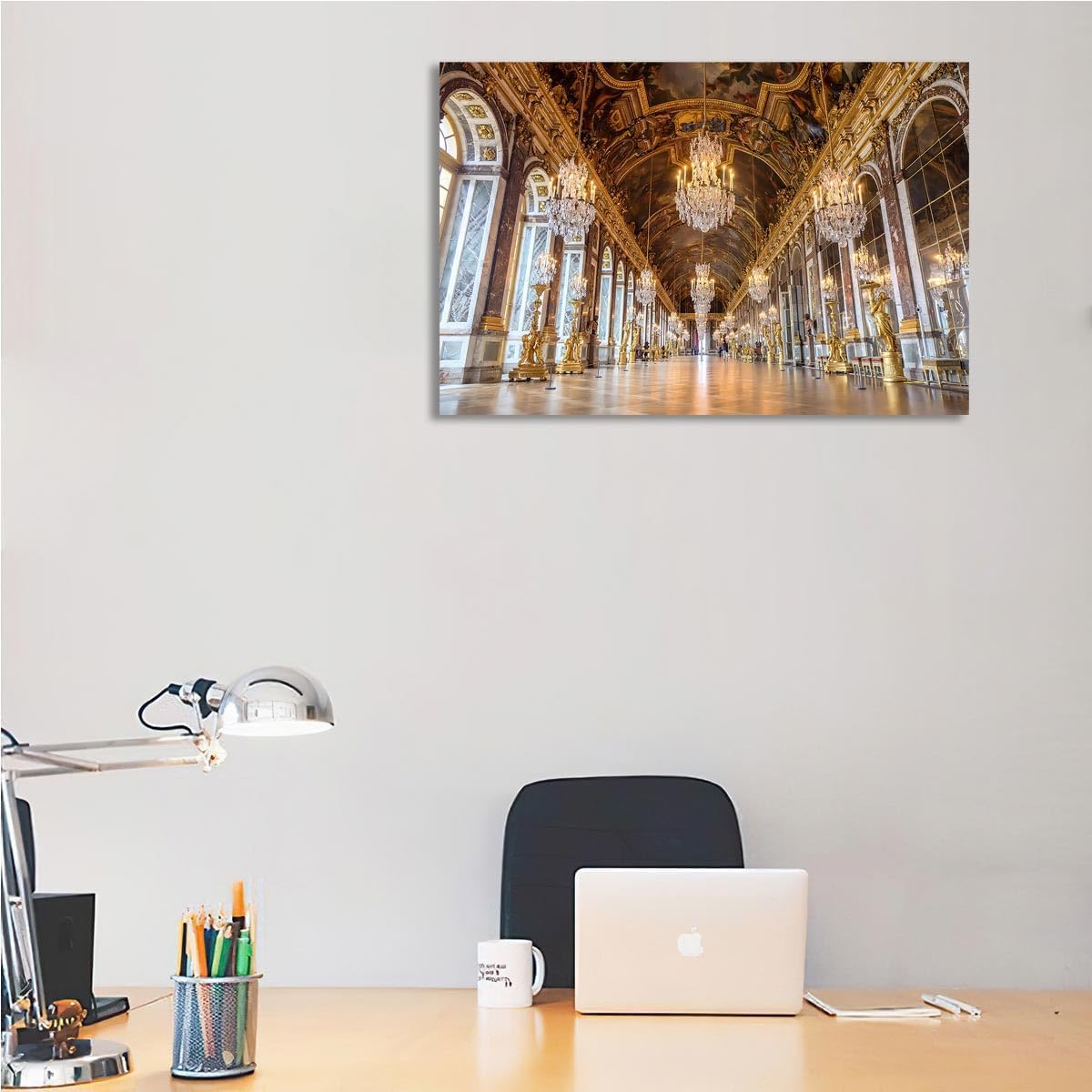 Versailles Palace Poster Mirror Gallery Hall Of Mirrors In The Palace Canvas Wall Art Aerial View Of Versailles Palace & Park Vintage Aesthetic for Living Room Wall Decor, 18X12 inches Framed