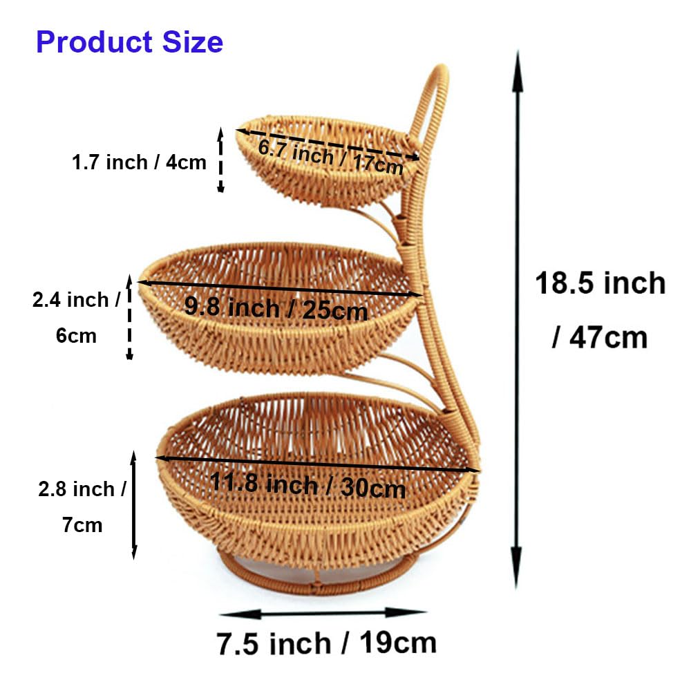 RT&BS 3 Tier Fruit Basket for Counter, Handwoven Desktop Display Basket, Fruit Bowl for Kitchen Counter (11.8 * 11.8 * 18.5'')