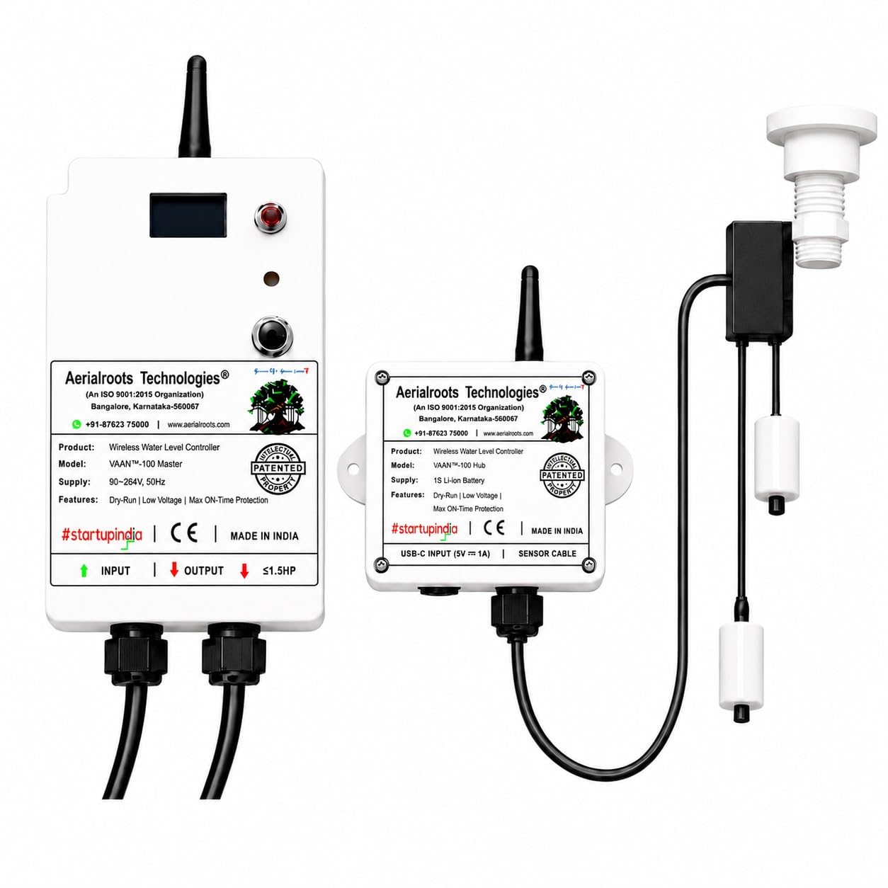 vaan-100 patented wireless water level controller for overhead tank, fully automatic pump control, dry run and overflow protection, rust-free sensors, oled display