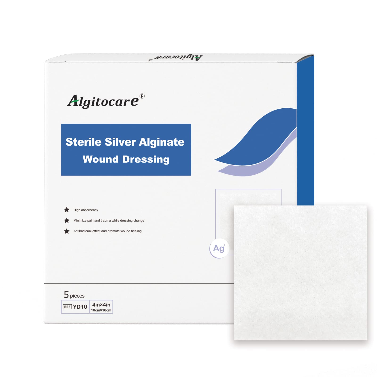 Ag Silver Calcium Alginate Wound Dressing - 4"x4"(Pack of 5), Non-Stick Sterile Gauze Pads for Accelerating Wound Healing, High Absorbency and Soft for Wound Care Supplies