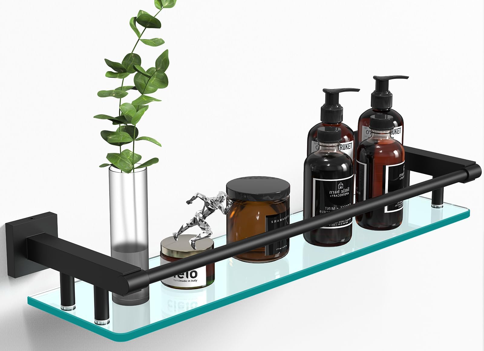 Bathroom Glass Shelf 20IN Rectangular Stainless Steel Tempered Glass Shelves Modern Stainless Steel Wall Mount Bathroom Shelf (Matte Black, 20‘’)