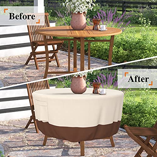 Patio Furniture Covers, Heavy Duty Round Patio Table Cover (48D X 26H Inch) Outdoor Dining & Coffee Table Cover For Veranda, Lawn, Table, Chair-Waterproof & Weather Resistant, Anti Uv - Beige & Brown #TOP1