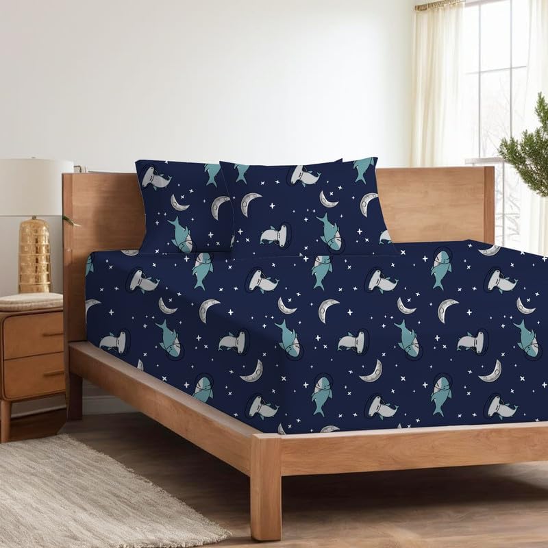 Mahaveer Cotton Microfiber Decorative 3Pc Dreamy Printed Bedsheet for King Size (108X108 in) with 2 Pillowcover (17X27 in) Soft/Breathable Wrinkel Free Hostel/Bedroom Decor_Fish Star