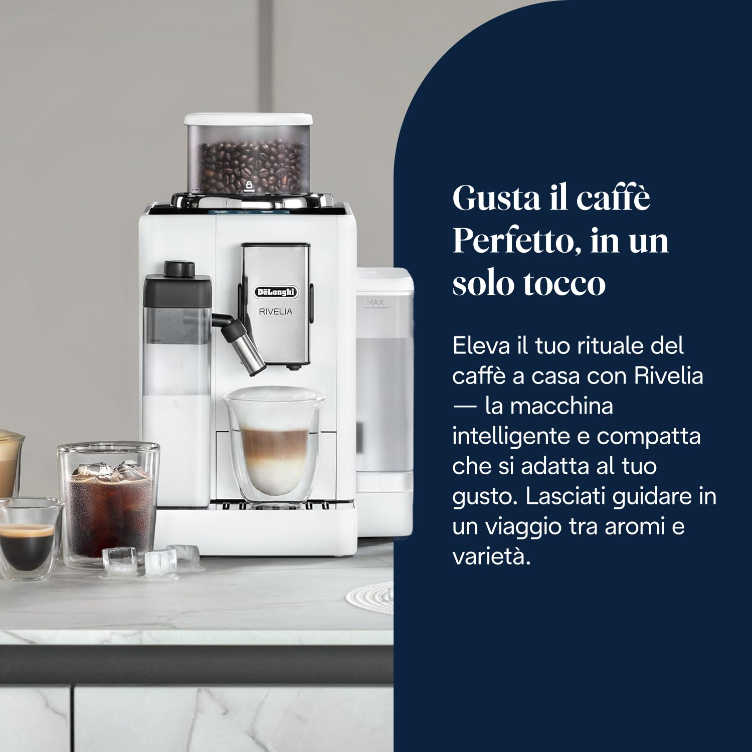 De’Longhi Rivelia – Perfetto Macchina da Caffè Automatica, LatteCrema Montalatte Automatico, 16 Bevande in un Solo Tocco, Display Touch a Colori, Contenitori Intercambiabili, Bianco (EXAM440.55.W)