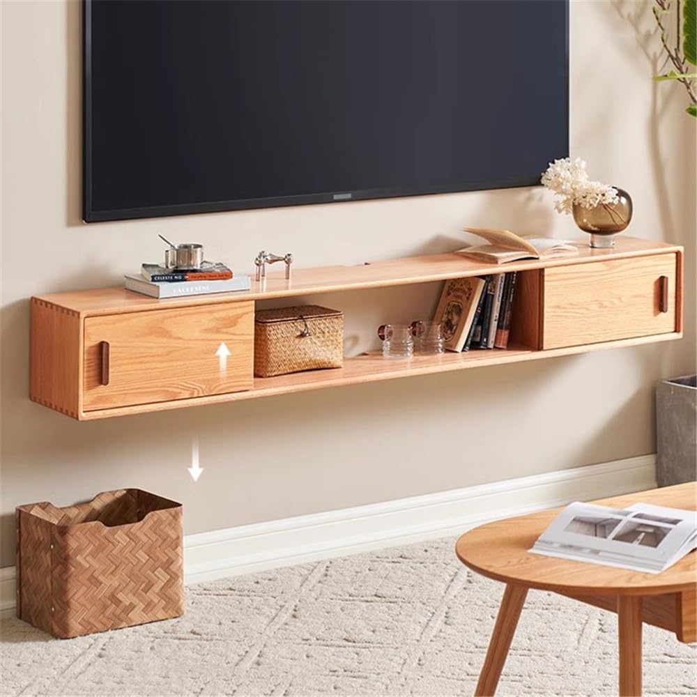 Szafka pod TV Dębowa pływająca szafka pod telewizor, ścienna, centrum konsoli multimedialnej z przesuwanymi drzwiami, półka do salonu, sypialni(1600x250x250mm)