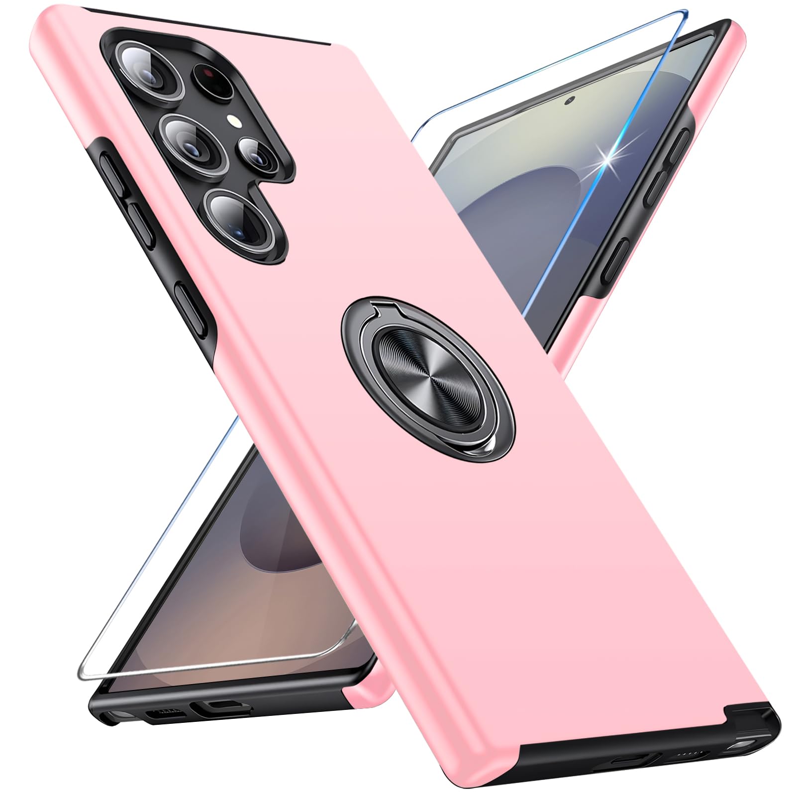 Vaki Handyhülle für Samsung Galaxy S25 Ultra Hülle mit Schutzfolie, Schutzhülle S25 Ultra Case mit Magnetischer Ring Ständer Kratzfest Fallfestigkeit Stoßfest für Samsung S25 Ultra 5G Cover (Rosa)