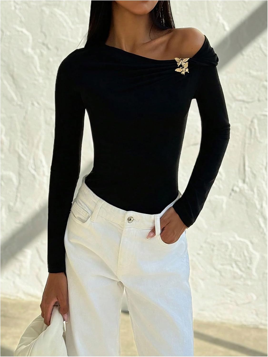GORGLITTER Women's One Shoulder Long Sleeve Tops Dressy Casual Fall Asymmetrical Neck Butterfly Fitted Going Out Tops - Image 3