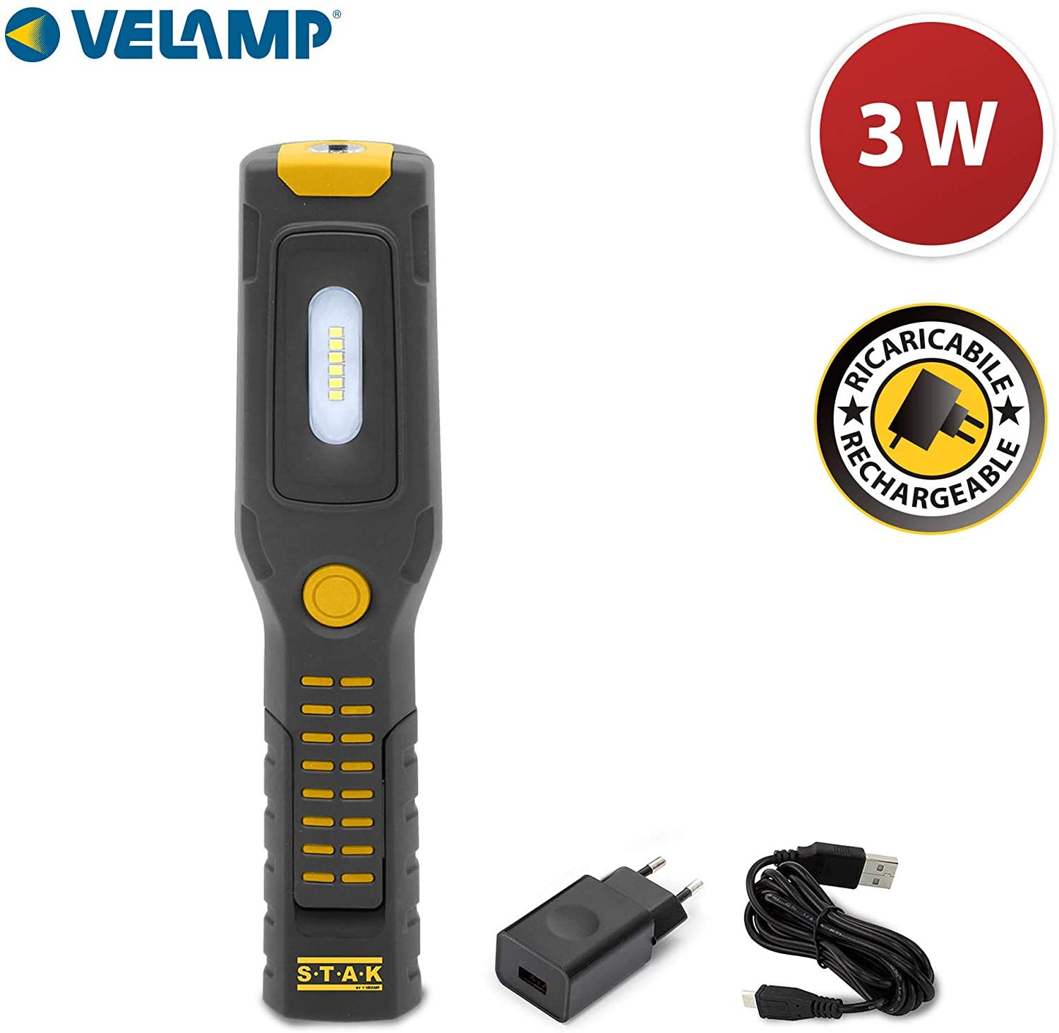 ALAMO: Worklight + torcia ricaricabile LED con ganci e calamita. Base orientabile.