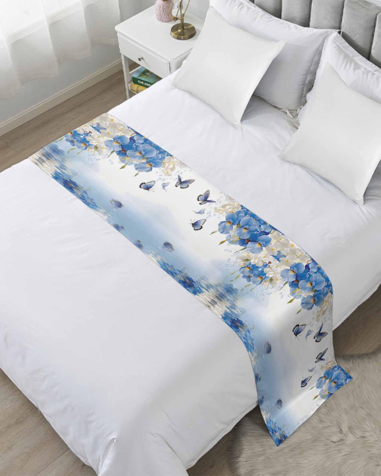Twin Bed Runner Summer Blue Lake Blossom Floral Bedding Runner Scarves Decorative Bed Scarf, Watercolor Butterfly Soft Bedding Scarf for Bedroom Hotel Wedding 71x20in