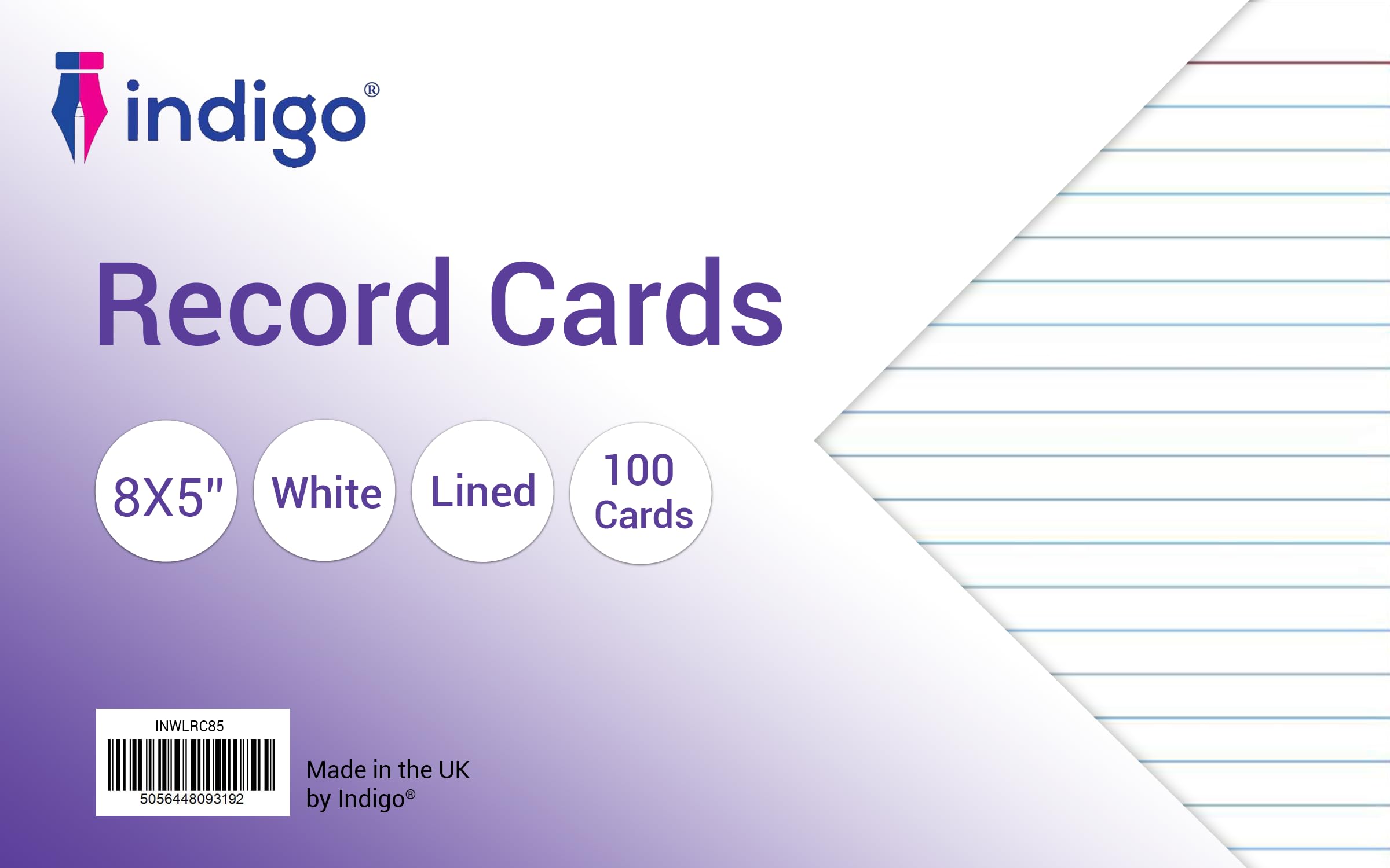 indigo® White Lined Record Cards Pack of 200-8x5 Revision Flash Cards