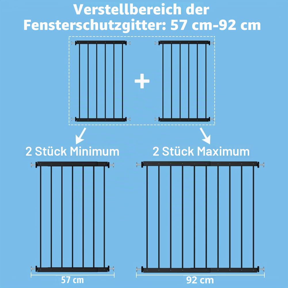 Fenstersicherheitsstangen, Fairy Baby Französisches Balkongeländer Innenfenstergitter Balustraden Fensterschutzschiene Fensterstangen Fensterschutz für Kinder (57 cm - 92 cm, Schwarz)