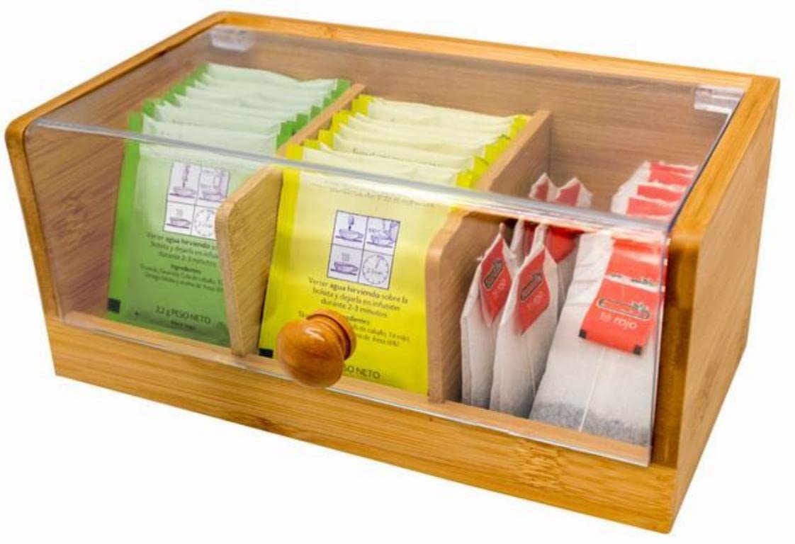 Nerthus Transparent Nethus Fih 677 - Natural Bamboo Tea Organiser, Tea Bag Organiser Box, 3 Compartments
